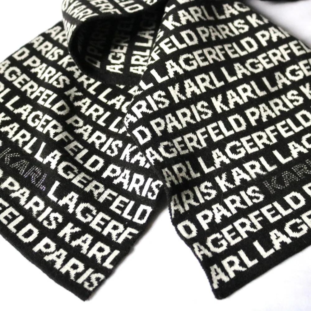 Karl Lagerfeld Paris Logo Wrap Scarf Black White Rhinestones Unisex Winter - Picture 3 of 4